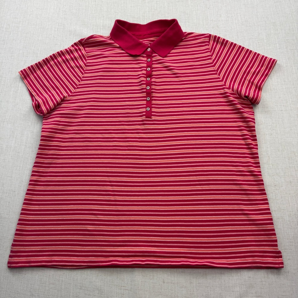 St. John's Bay Polo Shirt Womens 1X Red Pink Striped Short Sleeve Preppy Casual